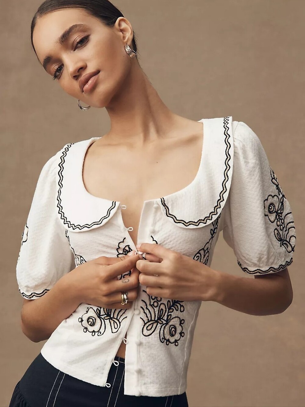Anthropologie Embroidered Button-Front Collared Blouse Size XXS White Boho Twee
